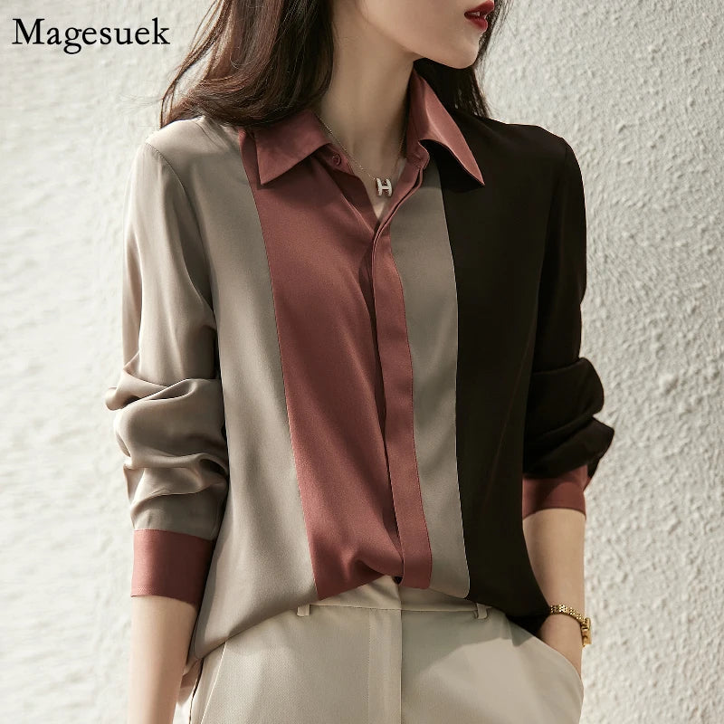 Satin Button Blouse - Long Sleeve Polo Collar Office Shirt