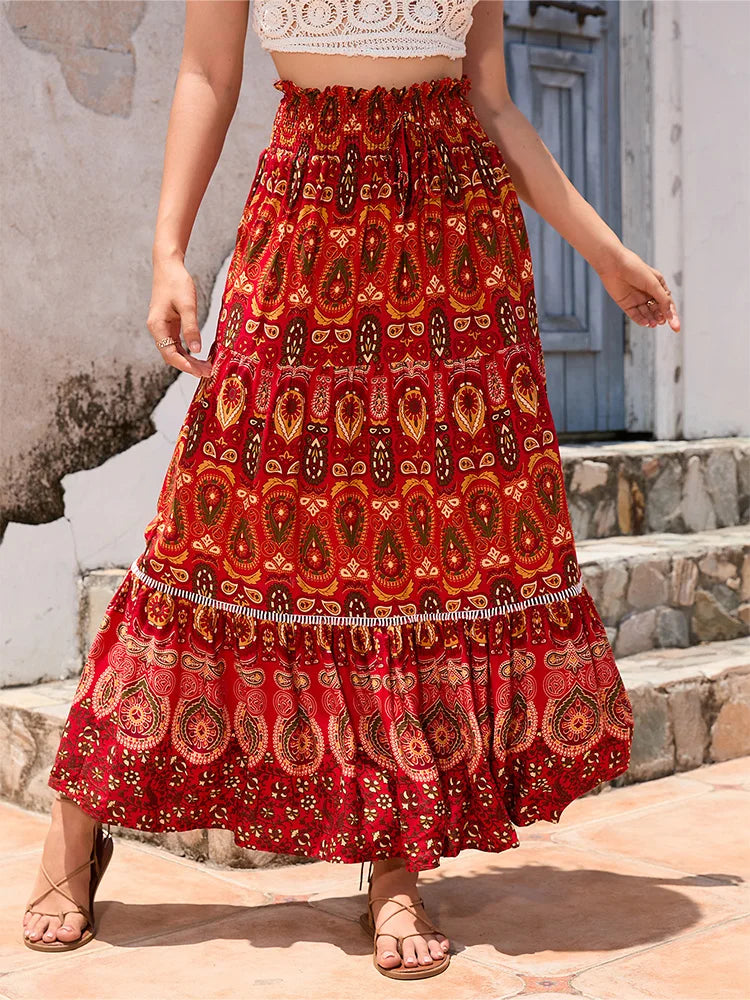 Bohemian Printed Travel Skirt - Ethnic Spliced A-Line Beach Midi Skirt