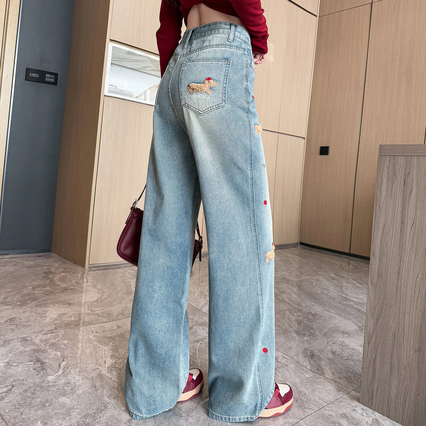Embroidered Dog Straight Leg Jeans - Korean Loose Denim Pants