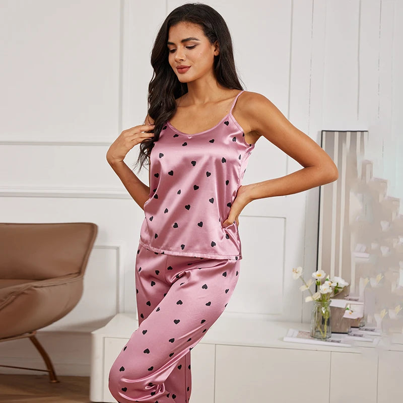 Satin Cami Vest Pajama Set - V Neck Top and Trousers Nightwear