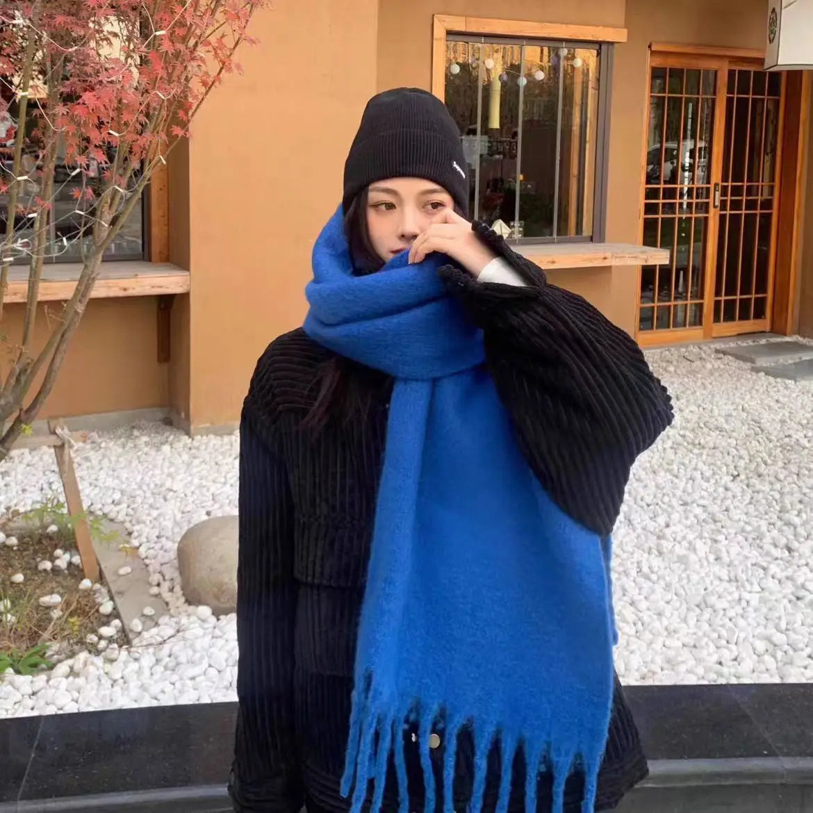 Soft Solid Winter Scarf - Long Tassel Mohair-Feel Wrap