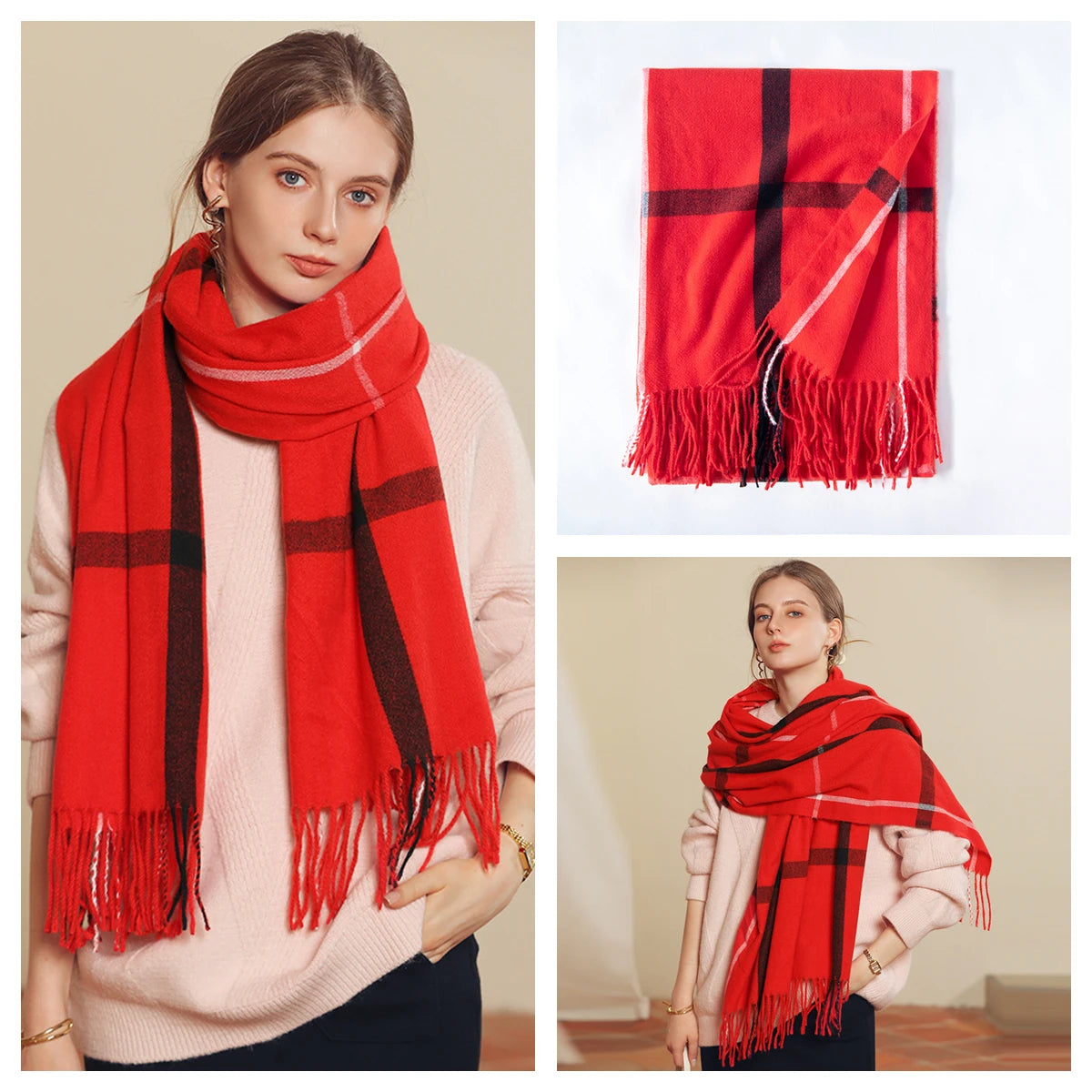 Classic Plaid Blanket Scarf - Cashmere-Feel Large Warm Shawl