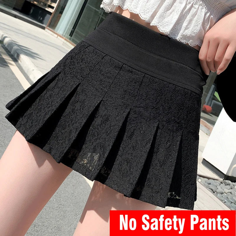 High Waist Lace Pleated Mini Skirt - Sweet Black White Student Skirt