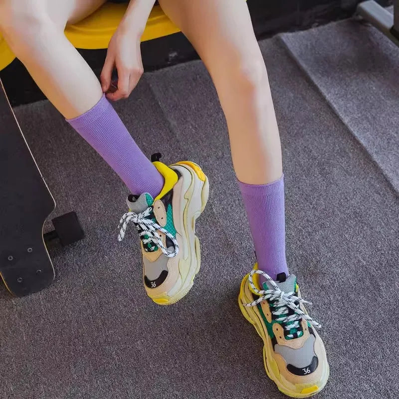 Solid Color Crew Socks - Breathable Preppy Korean Socks