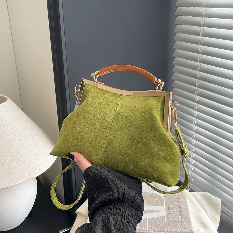 Suede Wooden Handle Top Bag - Vintage Gold Tone Frame Purse