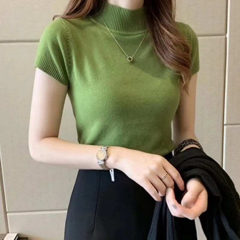 Half High Neck Stretch Top - Korean Solid Short Sleeve Shirt