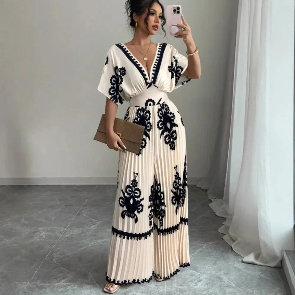 Deep V Backless Wide Leg Jumpsuit - Printed High Waist Outfit