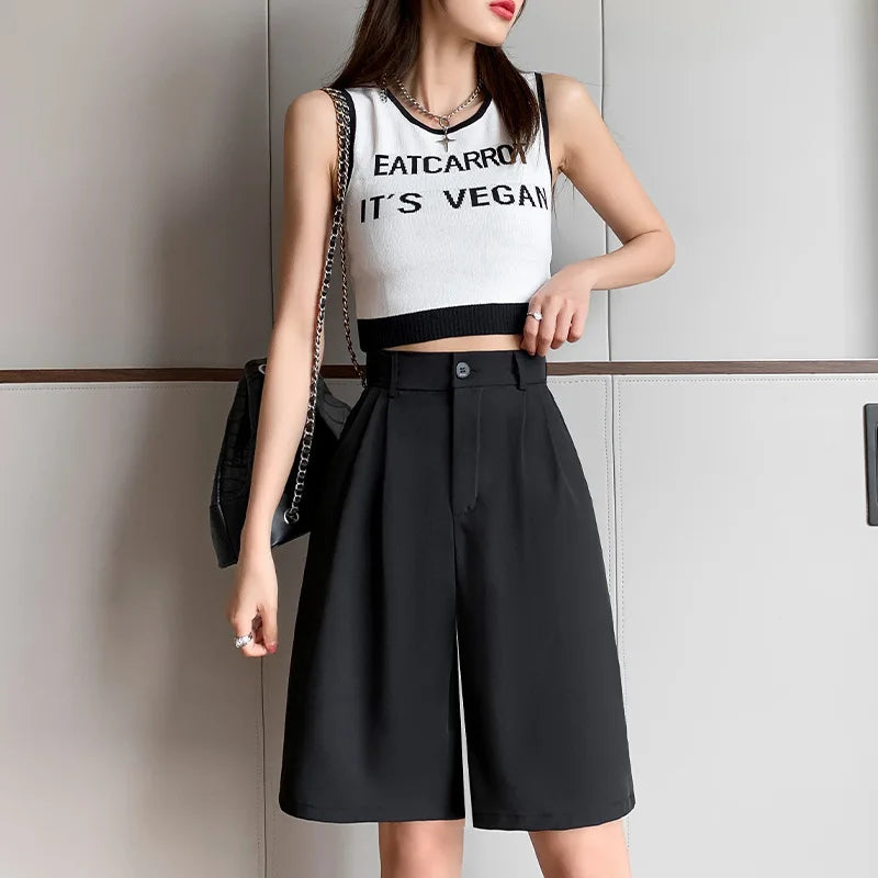 Wide Leg Suit Shorts - High Waist Knee Length Office Summer Shorts