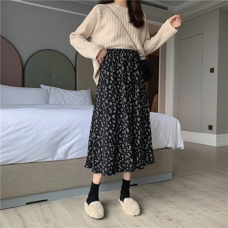 Vintage Floral Pleated Midi Skirt - Drawstring Elastic Waist Summer Skirt
