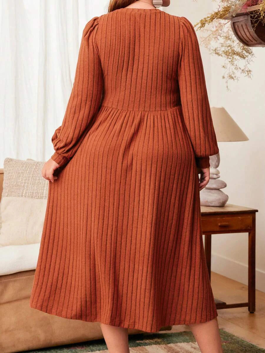 Plus Size Solid Long Sleeve Maxi Dress - Round Neck Autumn Outfit