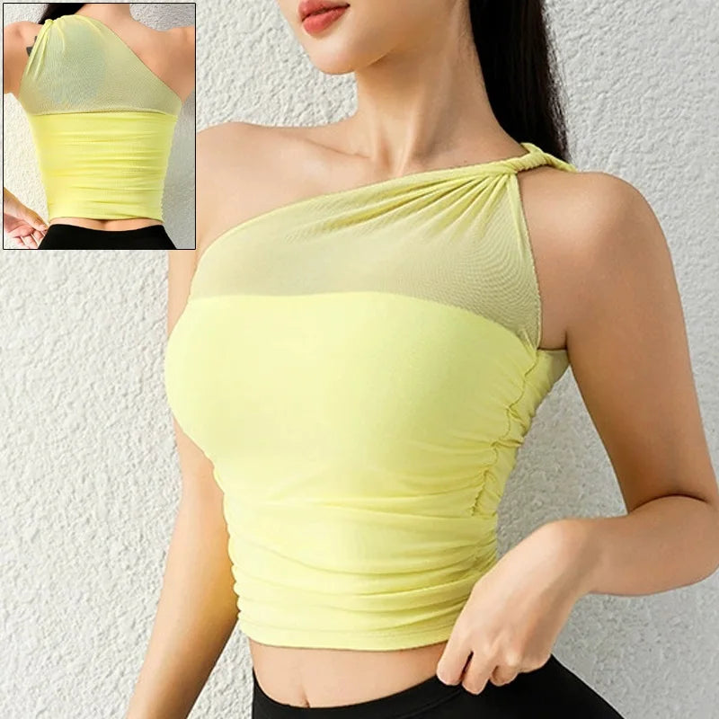 One Shoulder Yoga Sports Bra - Wire Free Push Up Crop Top