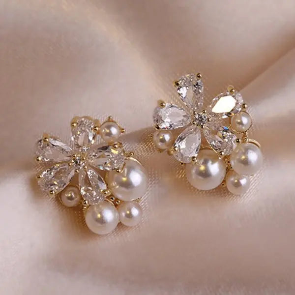 Rhinestone Flower Stud Earrings - Pearl Crystal Korean Party Jewelry