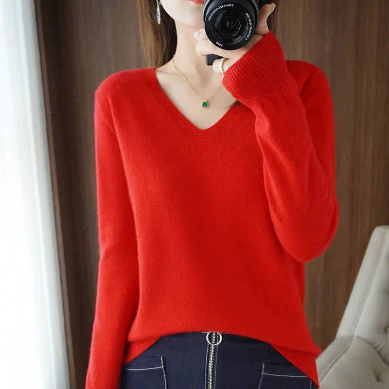 V Neck Stretch Pullover Sweater - Slim Solid Knitwear Top