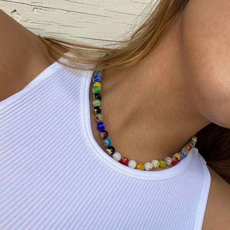 Multicolor Glass Bead Short Necklace - Boho Spring Summer Jewelry
