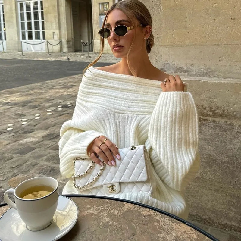 Off Shoulder Loose Sweater - Brown Retro Slash Neck Knit Top