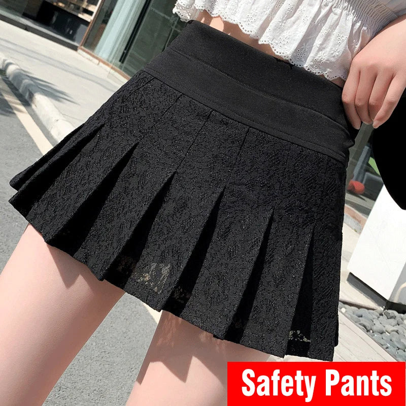 High Waist Lace Pleated Mini Skirt - Sweet Black White Student Skirt