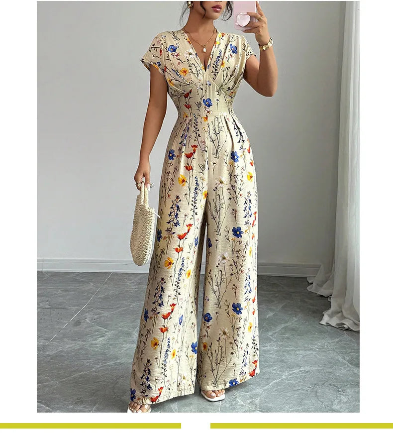 Floral Short Sleeve Jumpsuit - High Waist Straight Leg Summer Outfit