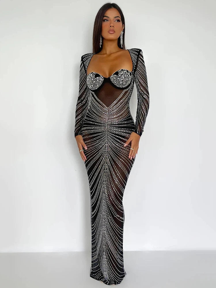 Glitter Mesh Bodycon Maxi Dress - Long Sleeve See Through Evening Outfit