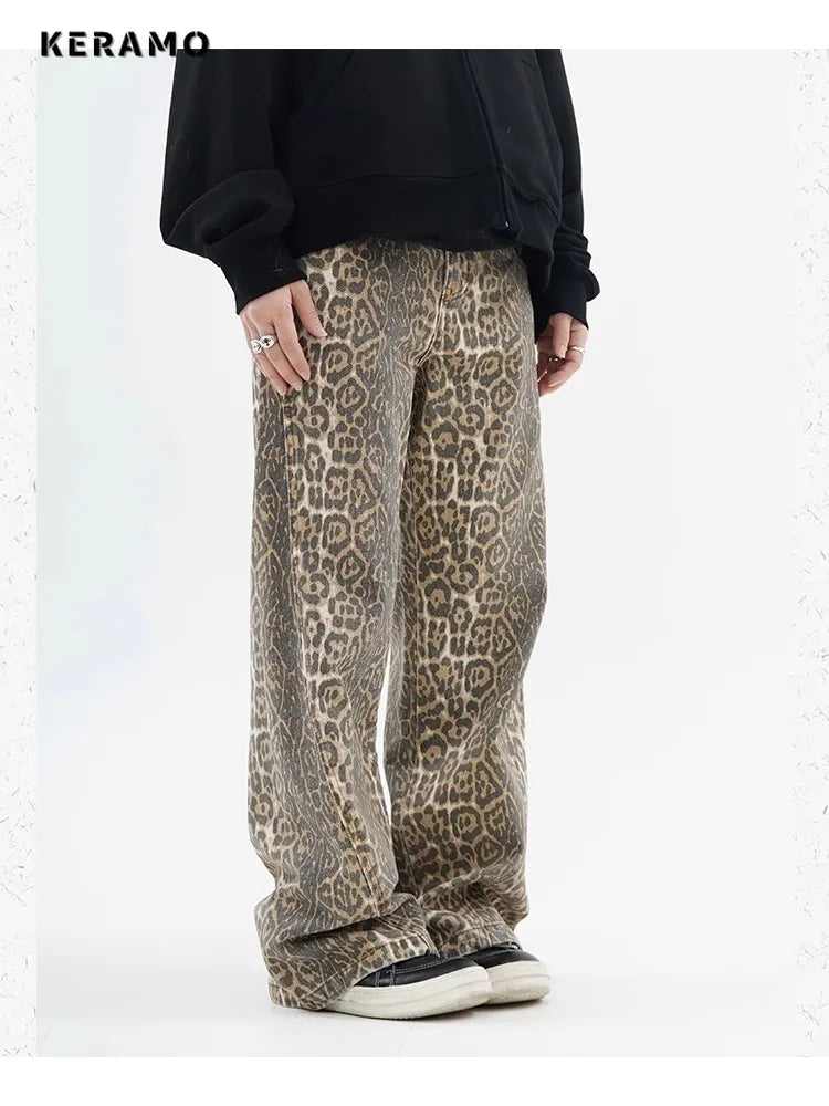 Leopard Print Wide Leg Jeans - Oversized High Waist Denim Pants