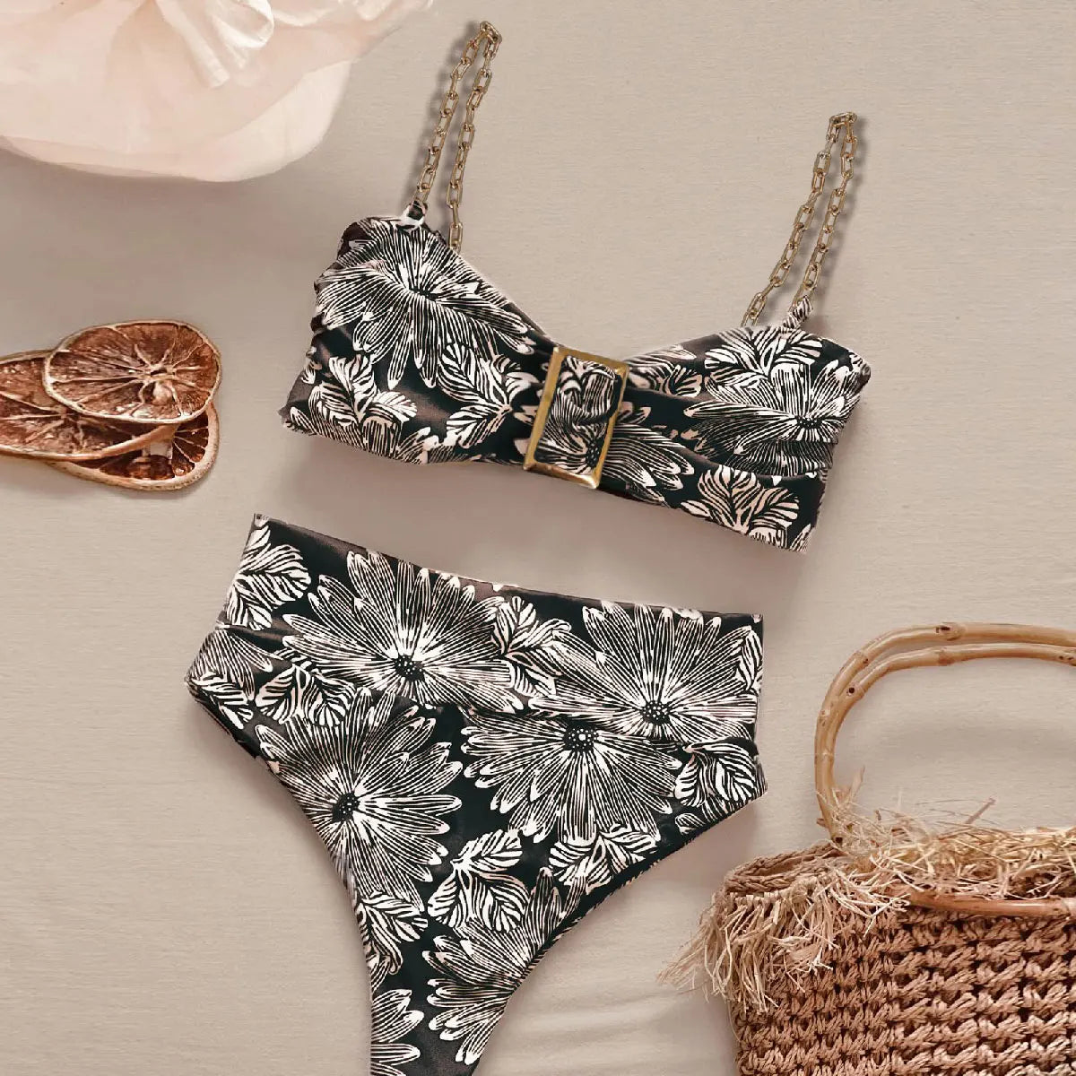 High Waist Ruffle Bikini Set - Ribbed Bandeau Brazilian Swimwear