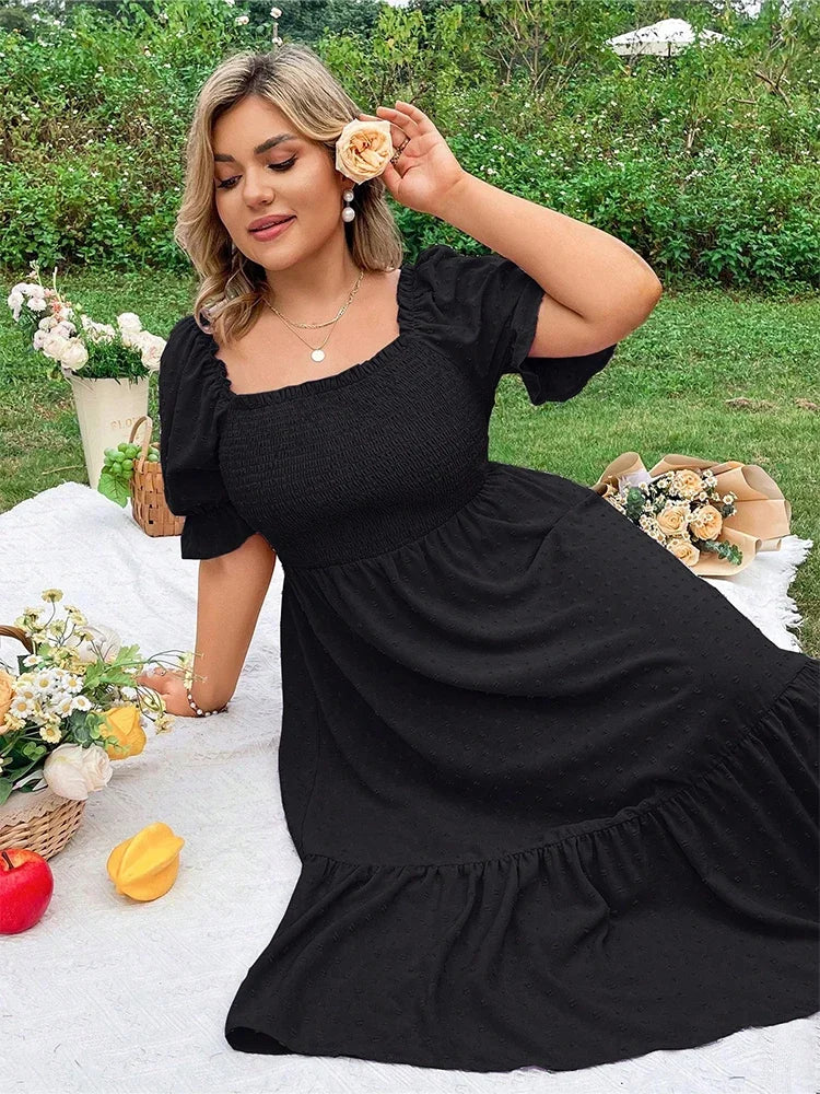 Plus Size Ruffle Hem Midi Dress - Square Neck Backless Outfit