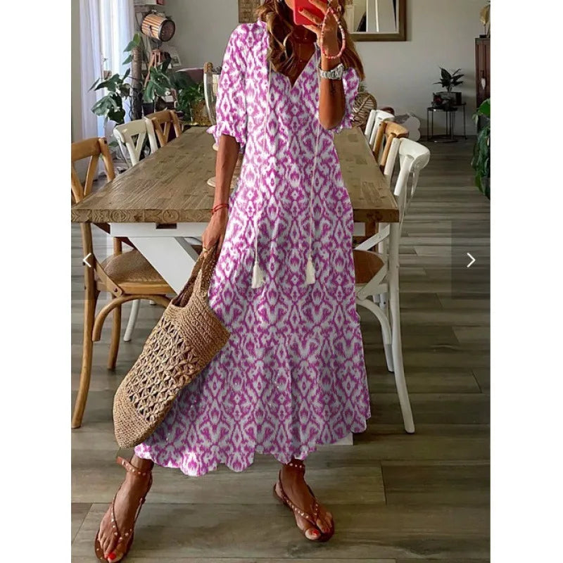 Bohemian Floral V Neck Maxi Dress - Drawstring Beach Vacation Outfit