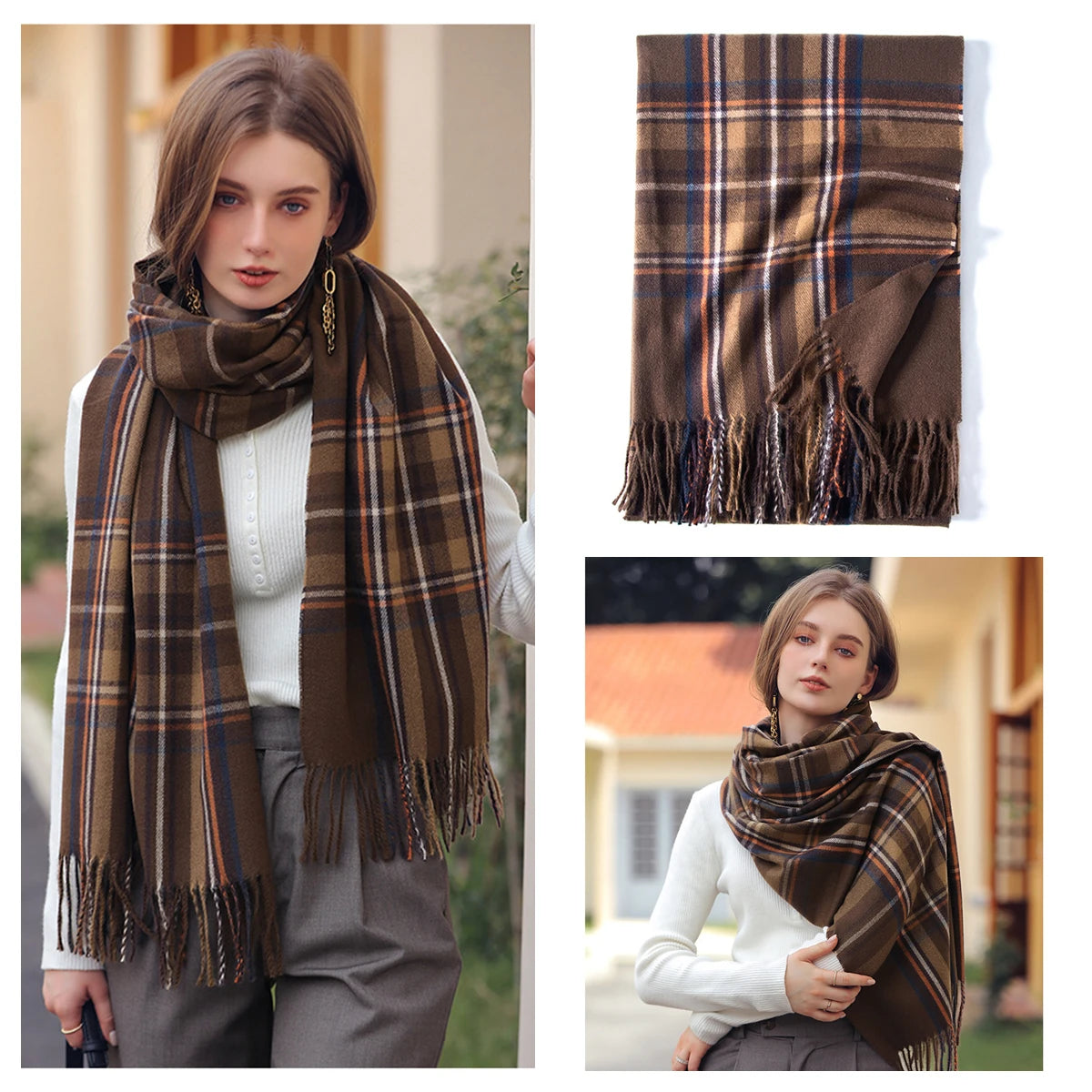 Classic Plaid Blanket Scarf - Cashmere-Feel Large Warm Shawl