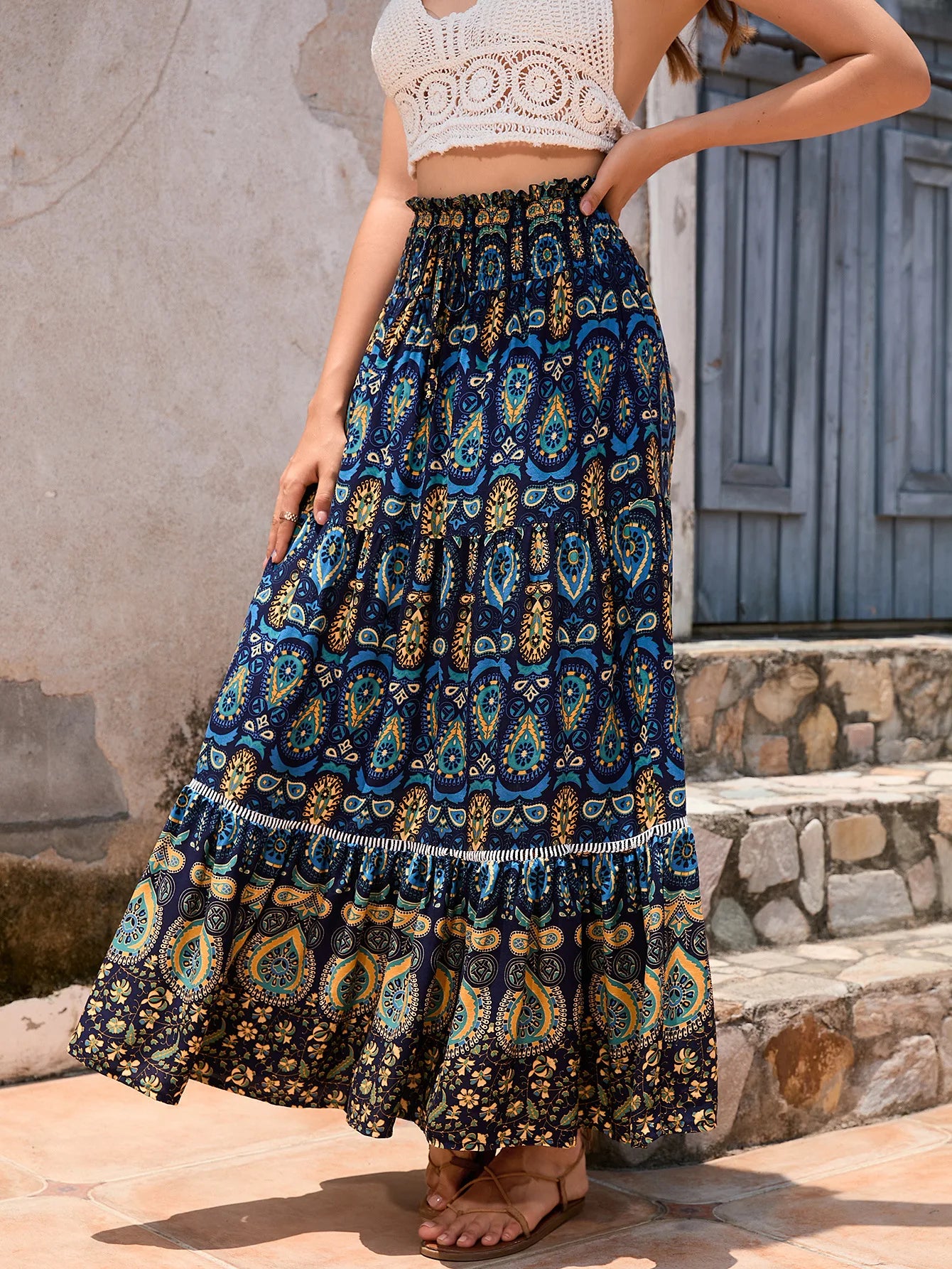Bohemian Printed Travel Skirt - Ethnic Spliced A-Line Beach Midi Skirt