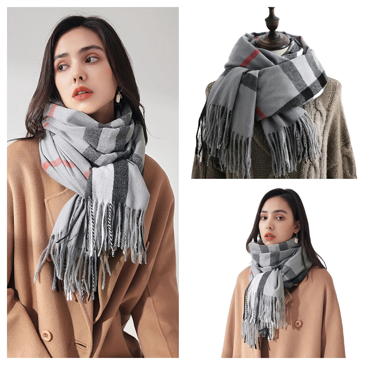 Classic Plaid Blanket Scarf - Cashmere-Feel Large Warm Shawl