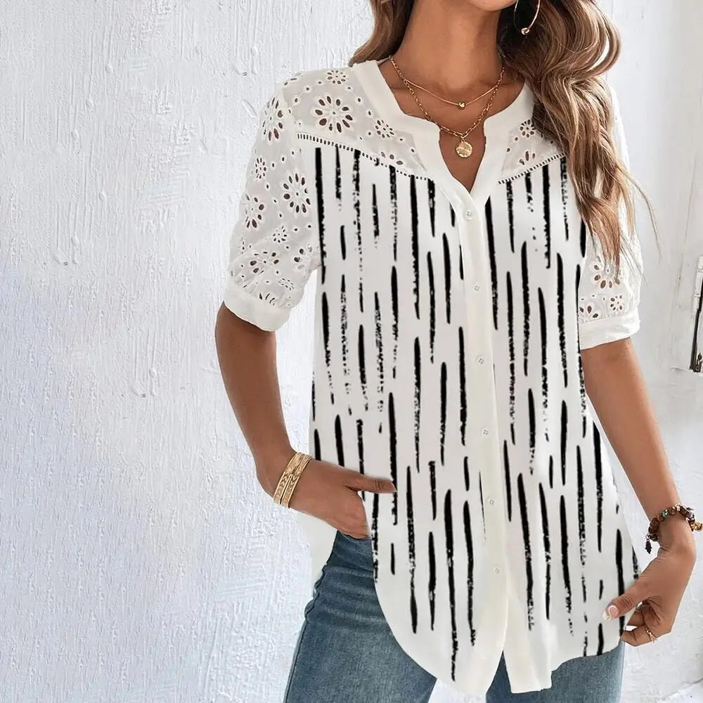 Lace Loose Short Sleeve Blouse - Elegant Holiday Weekend Shirt