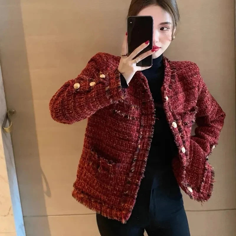 Red Tweed Short Jacket - Thick Slim French Style Outwear