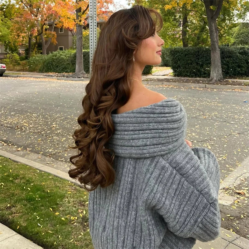 Off Shoulder Loose Sweater - Brown Retro Slash Neck Knit Top