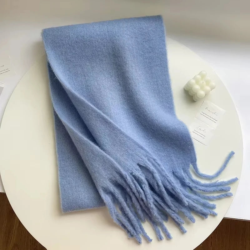 Soft Solid Winter Scarf - Long Tassel Mohair-Feel Wrap