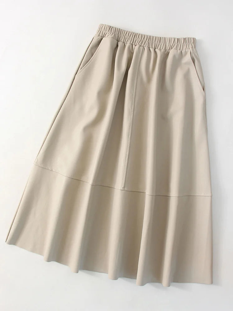 Midi Faux Leather A-Line Skirt - Elastic Waist Pocket Swing Skirt