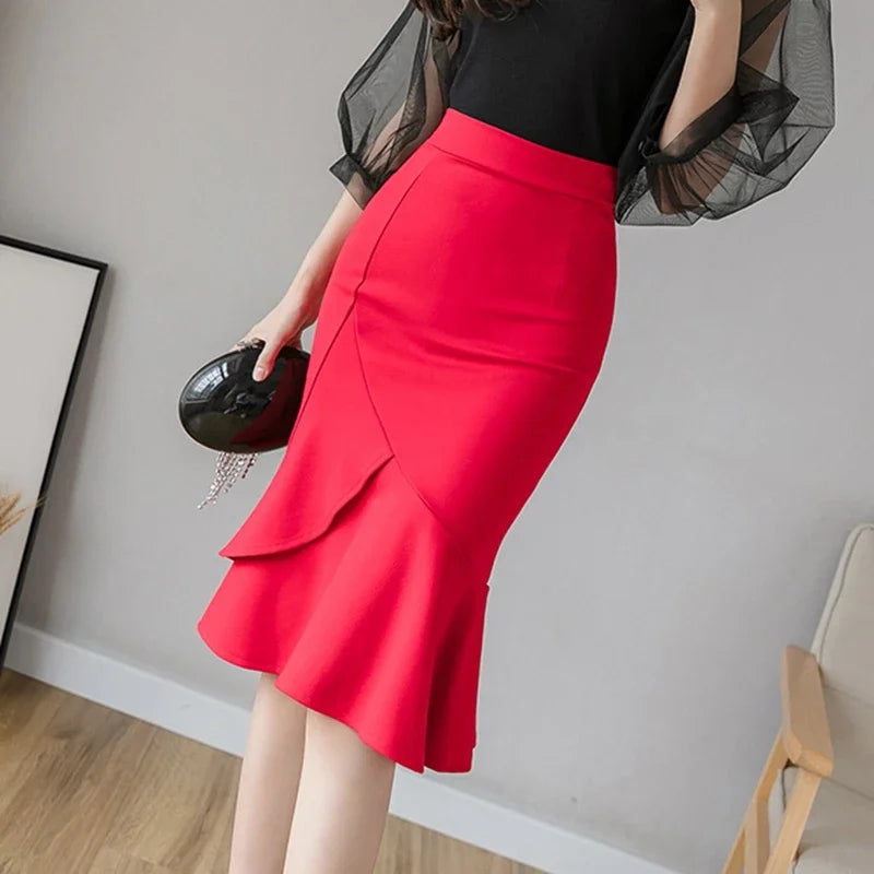 Elegant Black Bodycon Midi Skirt - High Waist Office Corset Skirt
