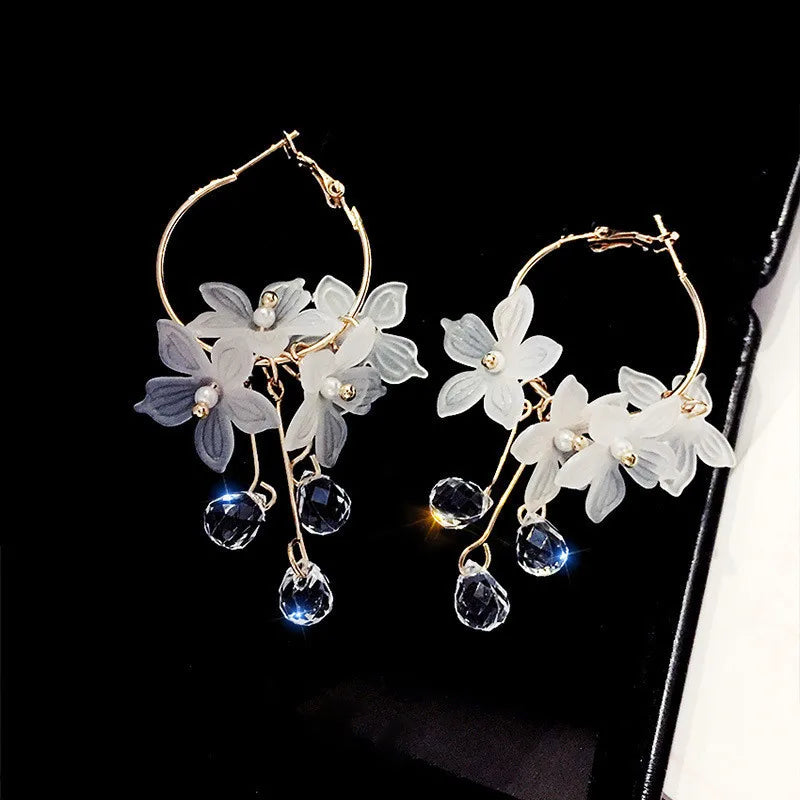 Crystal Flower Drop Earrings - Korean Long Tassel Gift Jewelry
