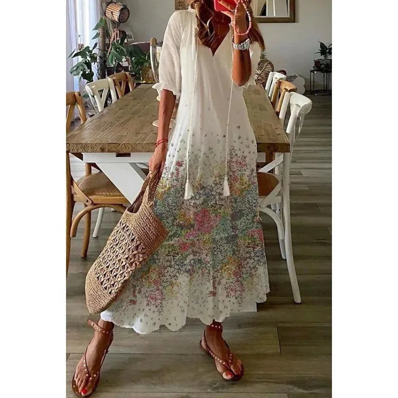 Bohemian Floral V Neck Maxi Dress - Drawstring Beach Vacation Outfit