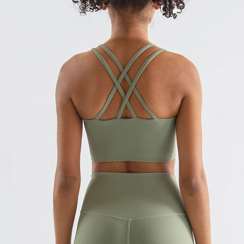 Nylon Cross Back Sports Bra - Elastic Yoga Gym Bralette