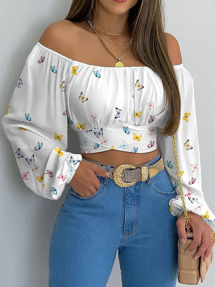 Off Shoulder Lantern Sleeve Blouse - Lace Up Bow Cropped Top