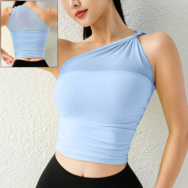 One Shoulder Yoga Sports Bra - Wire Free Push Up Crop Top