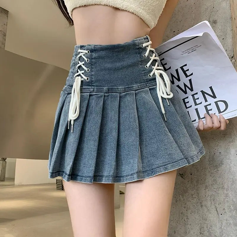 Denim Lace-Up Pleated Mini Skirt - Korean High Waist Streetwear Skirt