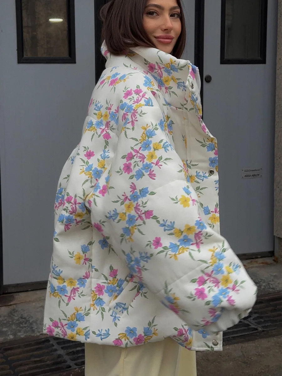 Floral Print Puffer Jacket - Stand Collar Warm Cotton Filled Coat