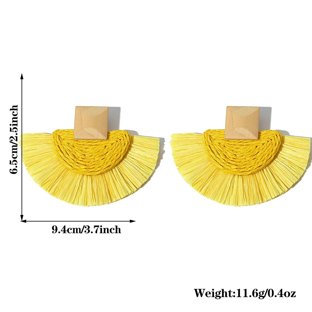 Handmade Raffia Fan Drop Earrings - Wooden Rattan Summer Jewelry