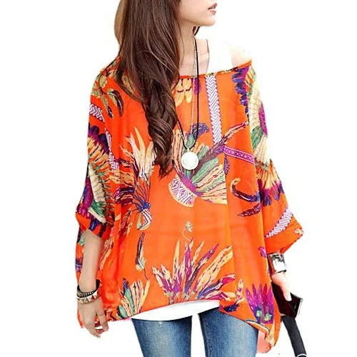 Plus Size Batwing Chiffon Blouse - Boho Loose Summer Shirt