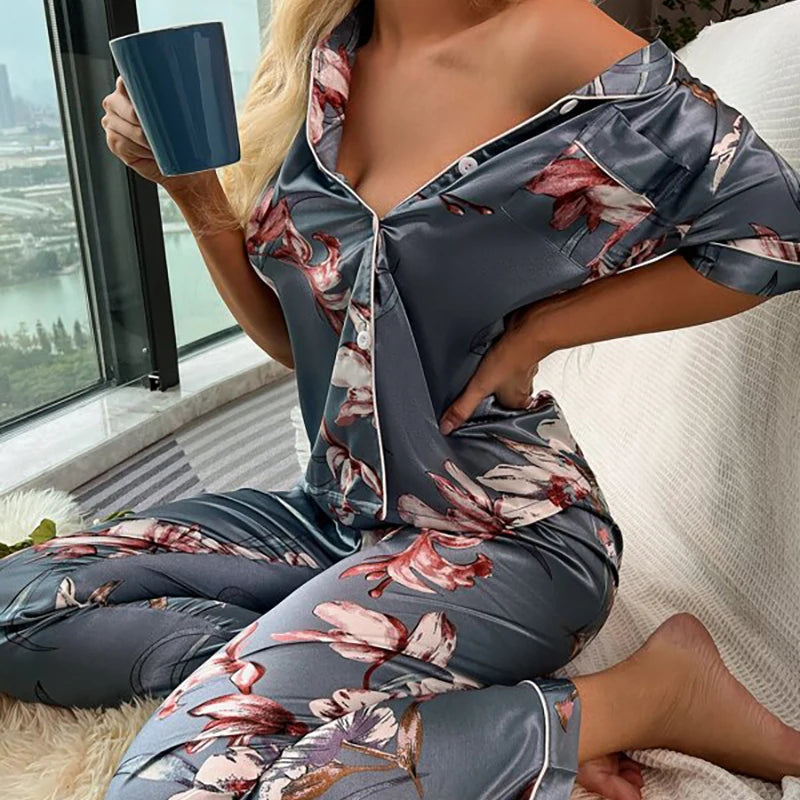 Satin Floral Pajama Set - Button Shirt and Shorts Sleepwear