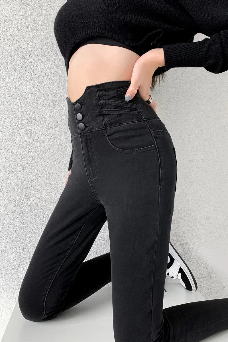 Four Button Skinny Pencil Jeans - Vintage High Waist Stretch Denim