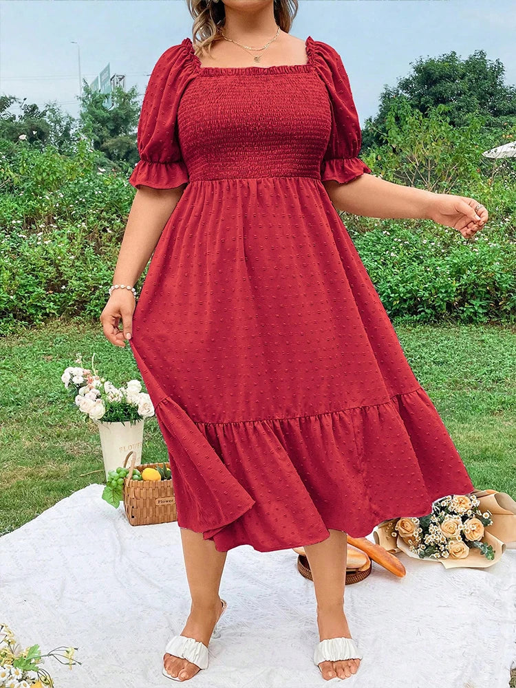 Plus Size Ruffle Hem Midi Dress - Square Neck Backless Outfit