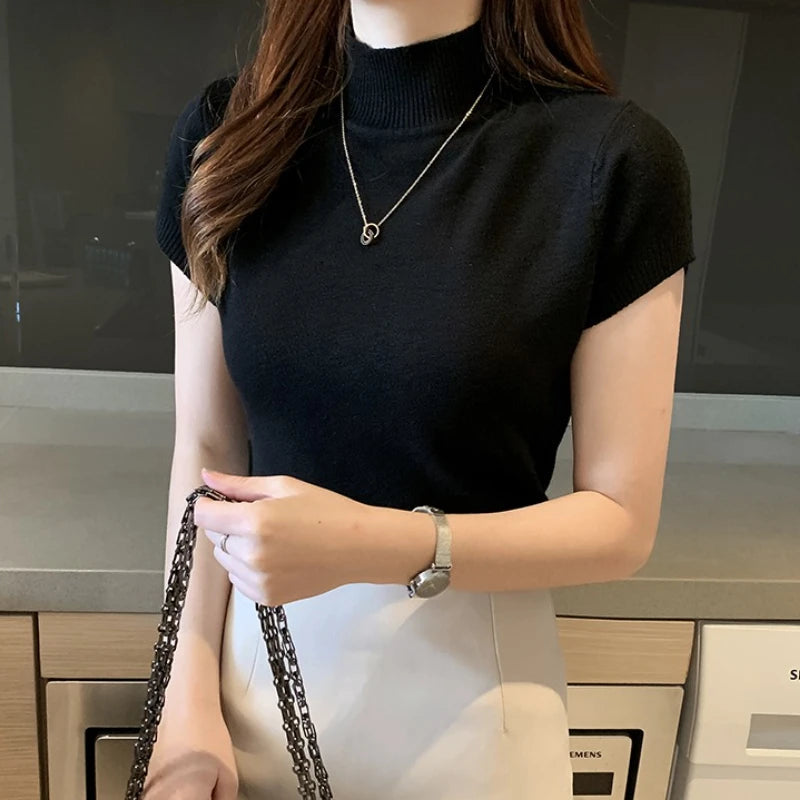Half High Neck Stretch Top - Korean Solid Short Sleeve Shirt