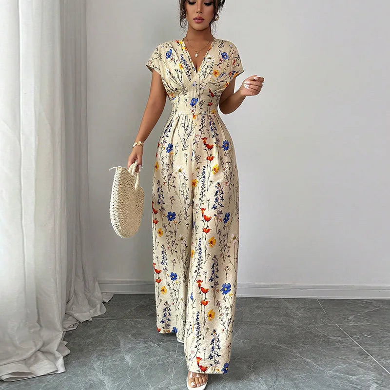 Floral Short Sleeve Jumpsuit - High Waist Straight Leg Summer Outfit