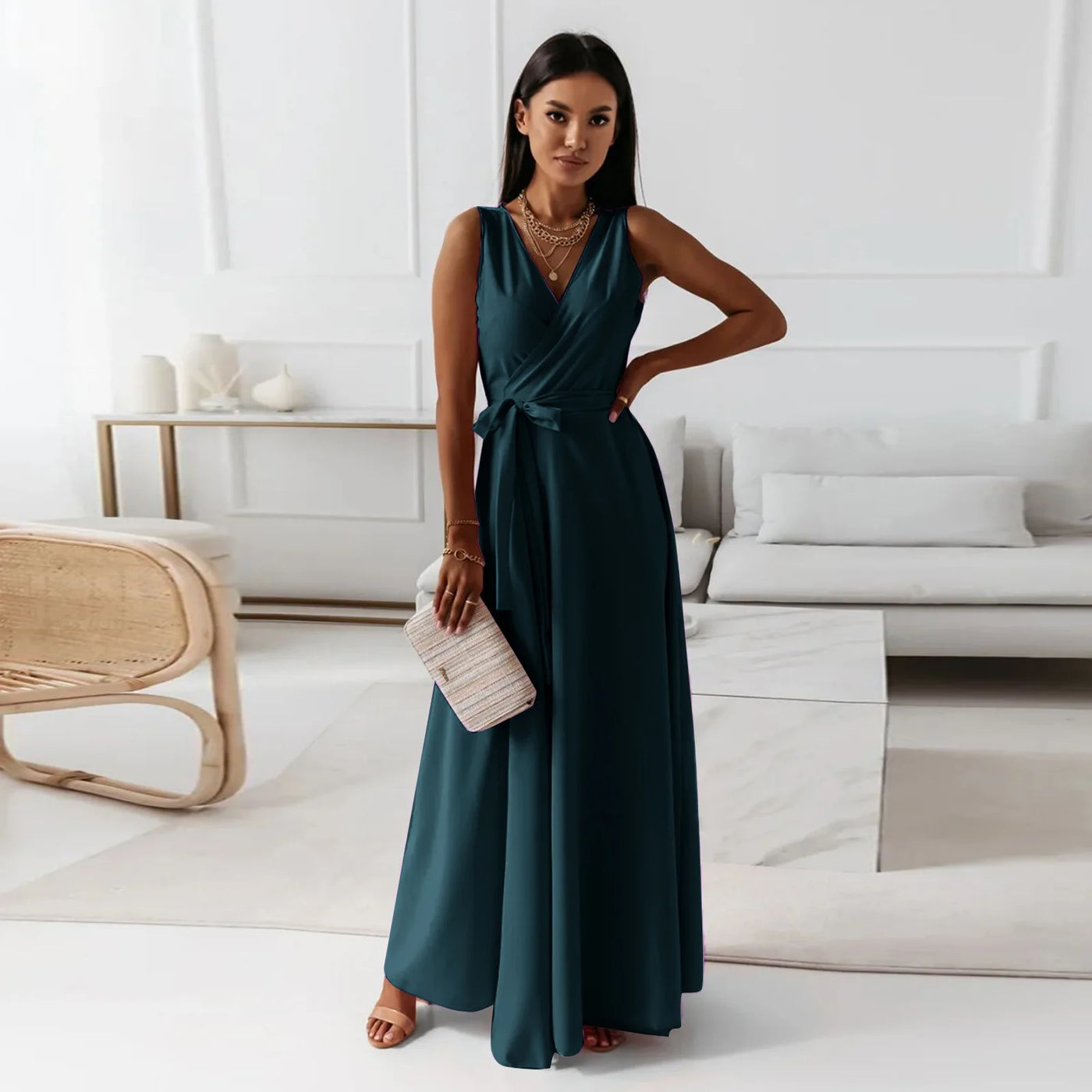 V Neck Lace Up Maxi Dress - Sleeveless Slim Party Outfit